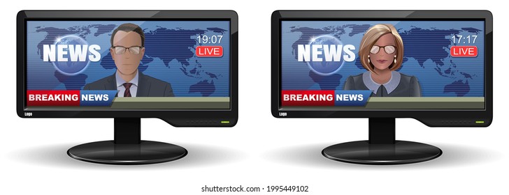 Breaking News design set. News presenter on the monitor screen. Male and female news anchors. Vector illustration