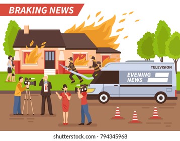 Breaking news of different tv channels live reportage from scene of firefighting of residential house vector illustration