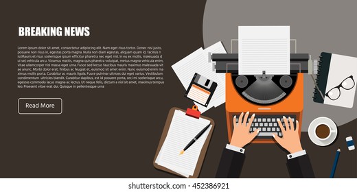 Breaking News. Flat background with typewriter, clipboard, coffee,diskette. Journalist Concept