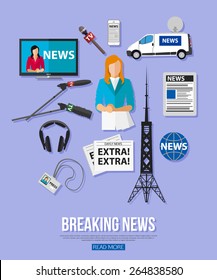 Breaking news flat design concept with place for text. Journalism icons set. Vector illustration.