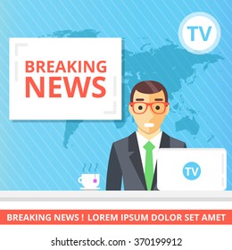 Breaking news flat illustration concept. Newscaster in the television studio. Modern flat quality design for web banners, web sites, printed materials, infographics. Creative vector illustration