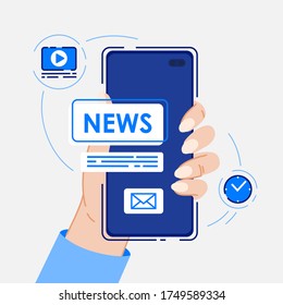 Breaking news. Flat modern vector illustration of human hands holds a smartphone for online reading news in mobile phone app for a newspaper or magazine. Worldwide media in your device