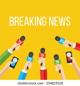 Breaking news flat style vector illustration. Creative graphic design concept. Mass media industry signs, symbols, objects, icons, abstract elements. Trendy yellow background.