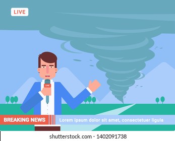 Breaking news flat vector illustration. Storm, hurricane, whirlwind, tornado danger reportage. Journalist with microphone live on camera cartoon character. Weather forecast. Outdoor shooting, filming