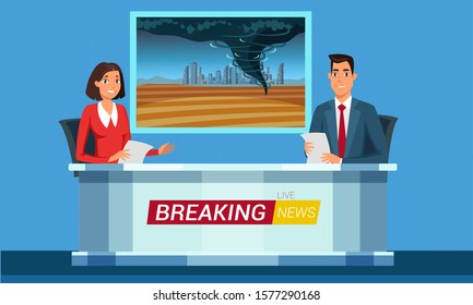 Breaking news flat vector illustration. Storm, hurricane, whirlwind, tornado danger reportage. Journalists with microphone live on camera cartoon characters. Weather forecast