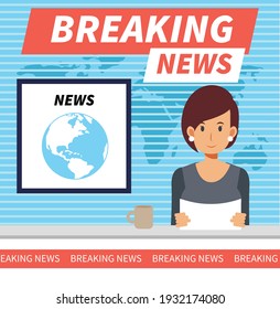 Breaking news flat vector illustration concept. Female Newscaster in the television studio.