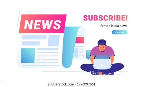Las últimas noticias salen como una notificación de las últimas actualizaciones para el mundo, el entretenimiento y la política . Ilustración vectorial de un hombre lindo sentado solo con laptop y leyendo noticias diarias e historias principales