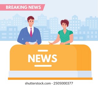 Breaking news hosts. Man and woman in tv studio isolated on white background