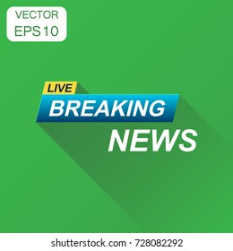 Breaking news icon. Business concept news pictogram. Vector illustration on green background with long shadow.