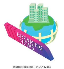 Icono de noticias de última hora vector isométrico. Última señal de noticias en el mundo con construcción. Protector de pantalla, medios de comunicación, televisión
