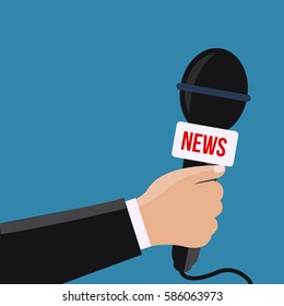 breaking news illustration on TV and radio. News vector concept. Journalism style flat design. Human hand with a modern & flat design mic. Microphone in one hand of journalist.
