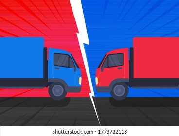 Breaking News, The illustration of a two-trcuk collision with high velocity on the road. Blue and red background with bold white lightning. Comic book scene. Concept of Cartoon vector illustration. 