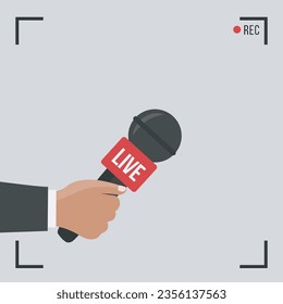 breaking news interview illustration on video TV live and camera record vector. one Human hand interviewer hold simple Microphone. Journalism on broadcast flat design background journalist isolated 