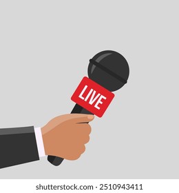 breaking news interview illustration on video TV live and camera record vector. one Human hand interviewer hold simple Microphone. Journalism on broadcast flat design background journalist isolated