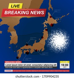 Breaking news with Japan map and white hurricane. Nature disaster in ocean near islands
