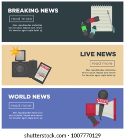 Breaking news and journalism profession flat vector bannersr design of journalist working items