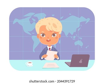 Breaking News With Kid On Broadcast Tv Channel Vector Illustration. Cartoon Child Boy Broadcaster Character On Tv Screen, Broadcasting Journalist Working From Television Studio Isolated On White Background