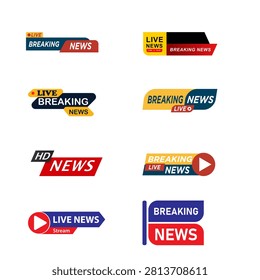 Breaking News Labels, Live Broadcast, Media Banner Vector Set.