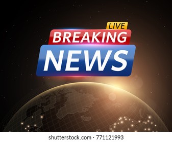 Breaking news live. Abstract futuristic background with a glowing yellow planet earth. Technology and business. Live on TV. Space and stars. Vector illustration