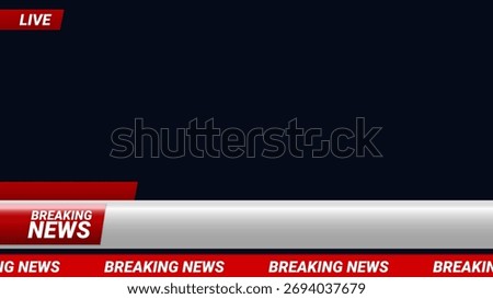 Breaking news live lower third banner for TV, media, or streaming broadcast. Red and silver bar design for professional news graphics and live video overlays. Vector template.