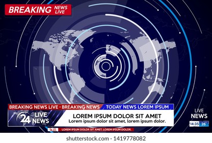 Breaking news live on world map on the blue background. Background screen saver on breaking news.  Vector illustration.