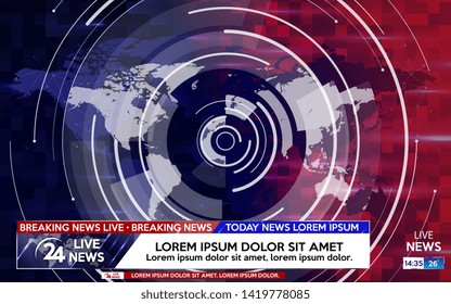 Breaking news live on world map on the blue and red background. Background screen saver on breaking news.  Vector illustration.