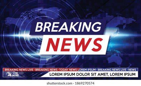 Breaking news live on world map background. Background screen saver on breaking news. Vector illustration.