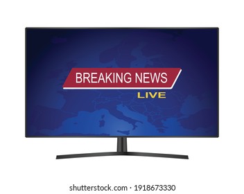 Breaking news logo on a tv screen wit Europe map on background, vector illustration