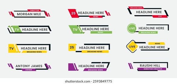 Breaking News Lower Third Banner Set. TV Header Bars for News, Sports, and Live Broadcast Vector Set. Essential Video Titles in Red, Green, Purple, and Yellow. Isolated Lower Third Template.