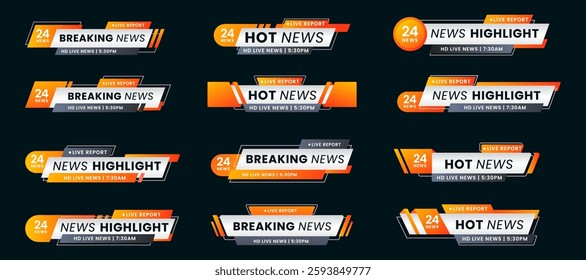 Breaking news lower third banner set. TV header bars for news, sports, and live broadcast vector set collection. Essential video titles in orange gradient modern color. Isolated lower third template