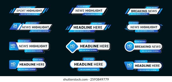 Breaking news lower third banner set. TV header bars for news, sports, and live broadcast vector set collection. Essential video titles in blue gradient modern color. Isolated lower third template