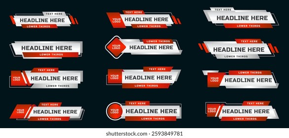 Breaking news lower third banner set. TV header bars for news, sports, and live broadcast vector set collection. Essential video titles in red gradient modern color. Isolated lower third template