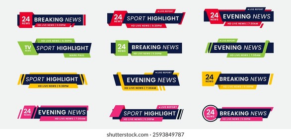 Breaking news lower third banner set. TV header bars for news, sports, and live broadcast vector set collection. Essential video titles in red, green, yellow, and pink. Isolated lower third template