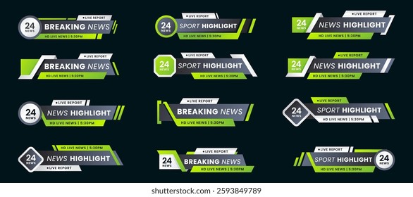 Breaking news lower third banner set. TV header bars for news, sports, and live broadcast vector set collection. Essential video titles in green gradient modern color. Isolated lower third template