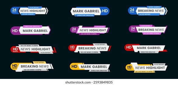 Breaking news lower third banner set. TV header bars for news, sports, and live broadcast vector set collection. Essential video titles in blue, purple, red, and yellow. Isolated lower third template