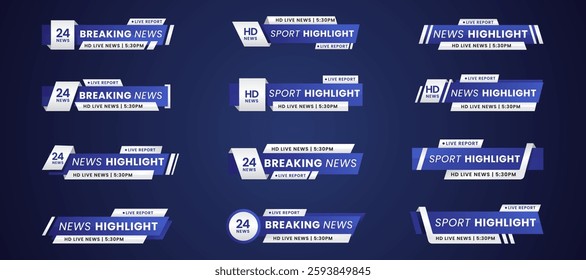 Breaking news lower third banner set. TV header bars for news, sports, and live broadcast vector set collection. Essential video titles in blue gradient modern color. Isolated lower third template