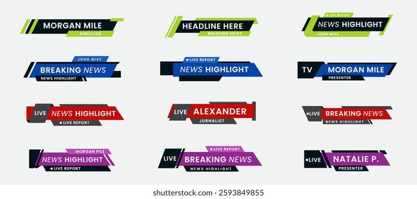 Breaking News Lower Third Banner Set. TV Header Bars for News, Sports, and Live Broadcast Vector Set Collection. Essential Video Titles in Green, Blue, Red, and Purple. Isolated Lower Third Template