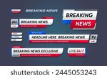 Breaking news, lower third header banners. Vector tv header bars, headlines display essential information on television broadcast. Video titles of blue, red and white colors. Isolated strips with text