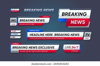 Breaking news, lower third header banners. Vector tv header bars, headlines display essential information on television broadcast. Video titles of blue, red and white colors. Isolated strips with text