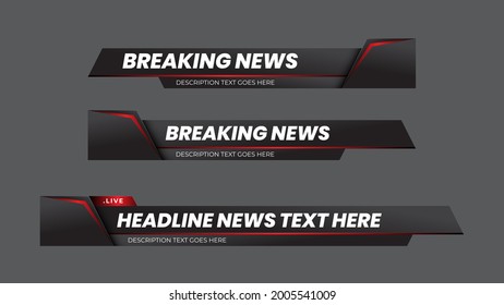 Breaking news lower third with modern futuristic red and black background. Lower Third TV News Bars Set Vector. News alerts, video streaming