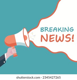 Breaking News - Male hand holding megaphone. Loudspeaker. Banner for business, marketing and advertising. Vector illustration