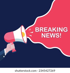 Breaking News  - Male hand holding megaphone. Loudspeaker. Banner for business, marketing and advertising. Vector illustration