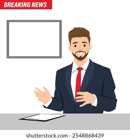 Breaking news, Man news anchor reports news. Flat vector illustration isolated on white background