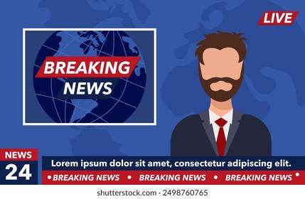 Breaking news with man journalist in a flat design