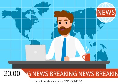 Breaking news man on TV. Male newscaster on screen. Television program. Flat vector illustration