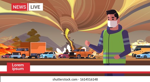 breaking news man reporter in mask live brodcasting bush fire dry woods burning trees global warming natural disaster ecology problem concept portrait horizontal vector illustration