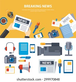 breaking news and media banner elements concept flat design
