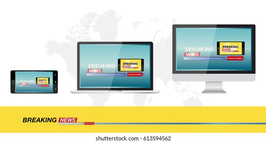 Breaking news in monitor computer, laptop and smartphone on the background of the world map, banner for the screen. Template for TV channels. Flat vector illustration EPS10