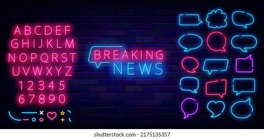 Breaking news neon signboard. Speech bubbles collection. Shiny pink alphabet. Media banner concept. Promotion template. Glowing effect poster. Editable stroke. Vector stock illustration