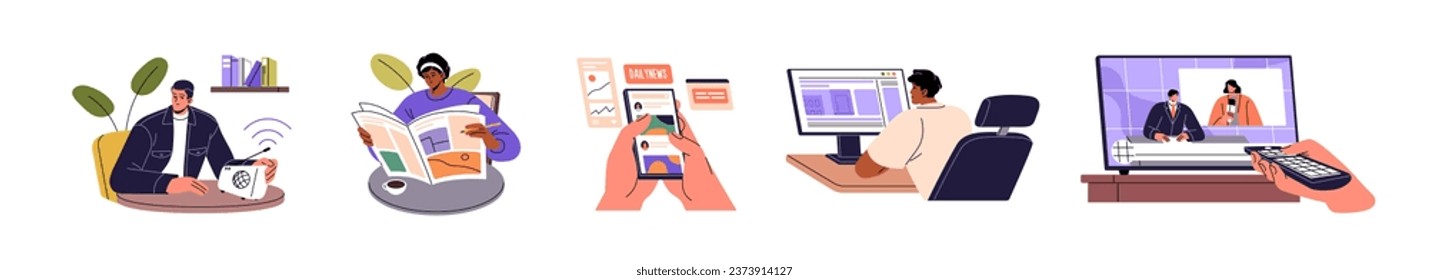 Breaking news, newsletter set. People reading newspaper, content in internet, web in smartphone, computer. Persons watching tv, listening broadcast, radio. Flat isolated vector illustration on white